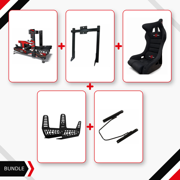 Black SimXPro GT-PRO cockpit, integrated monitor mount, GTR seat, seat mounts and slider bundle
