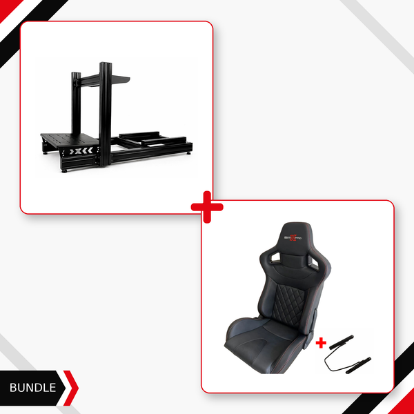 Black SimXPro X80 cockpit and XL GT seat with included slider bundle