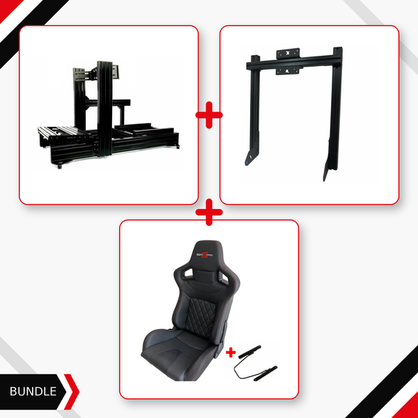 SimXPro XT120 cockpit, black integrated monitor mount and XL GT seat bundle
