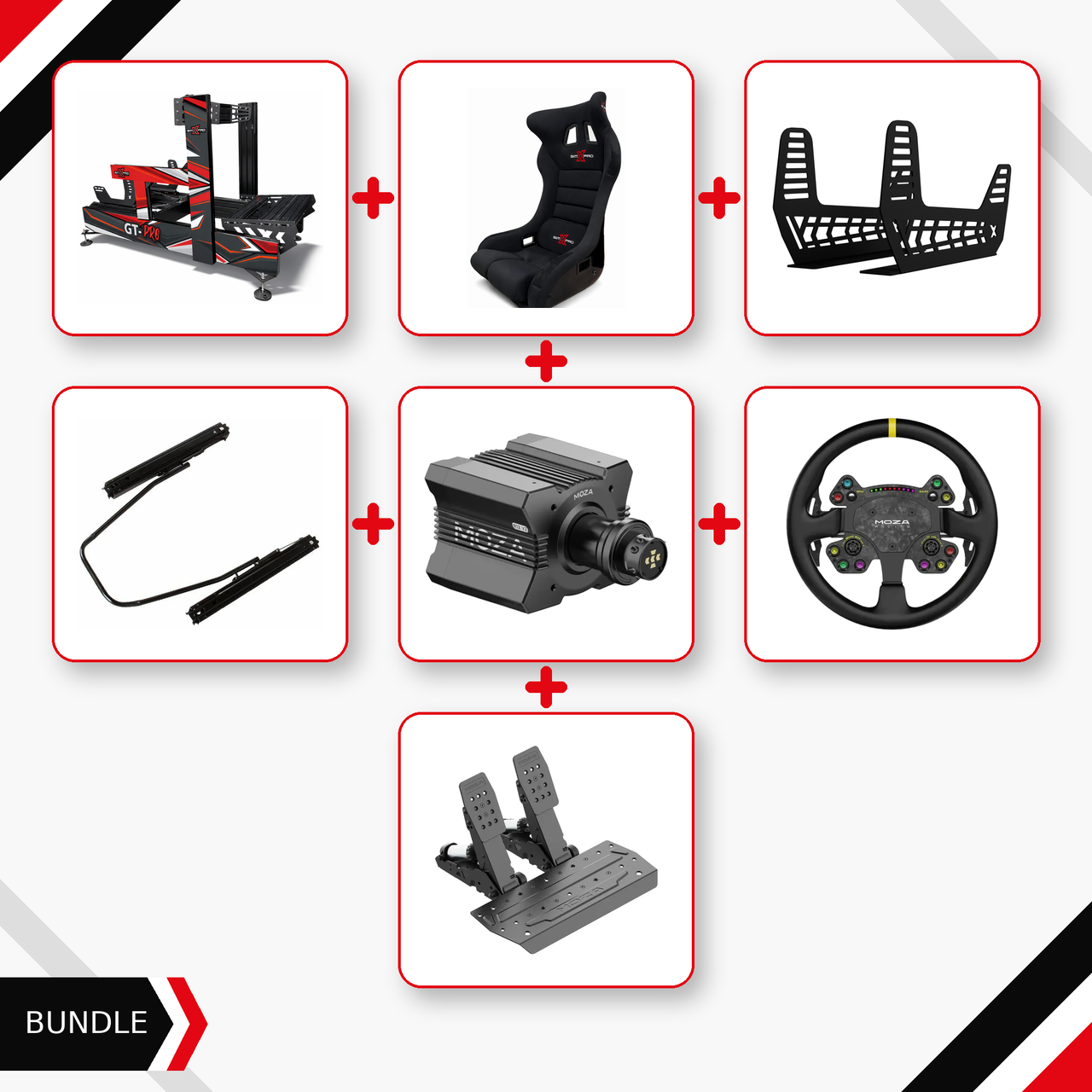 Black SimXPro GT-PRO racing bundle with GT-R Seat, MOZA R12, CS V2P wheel and SR-P pedals