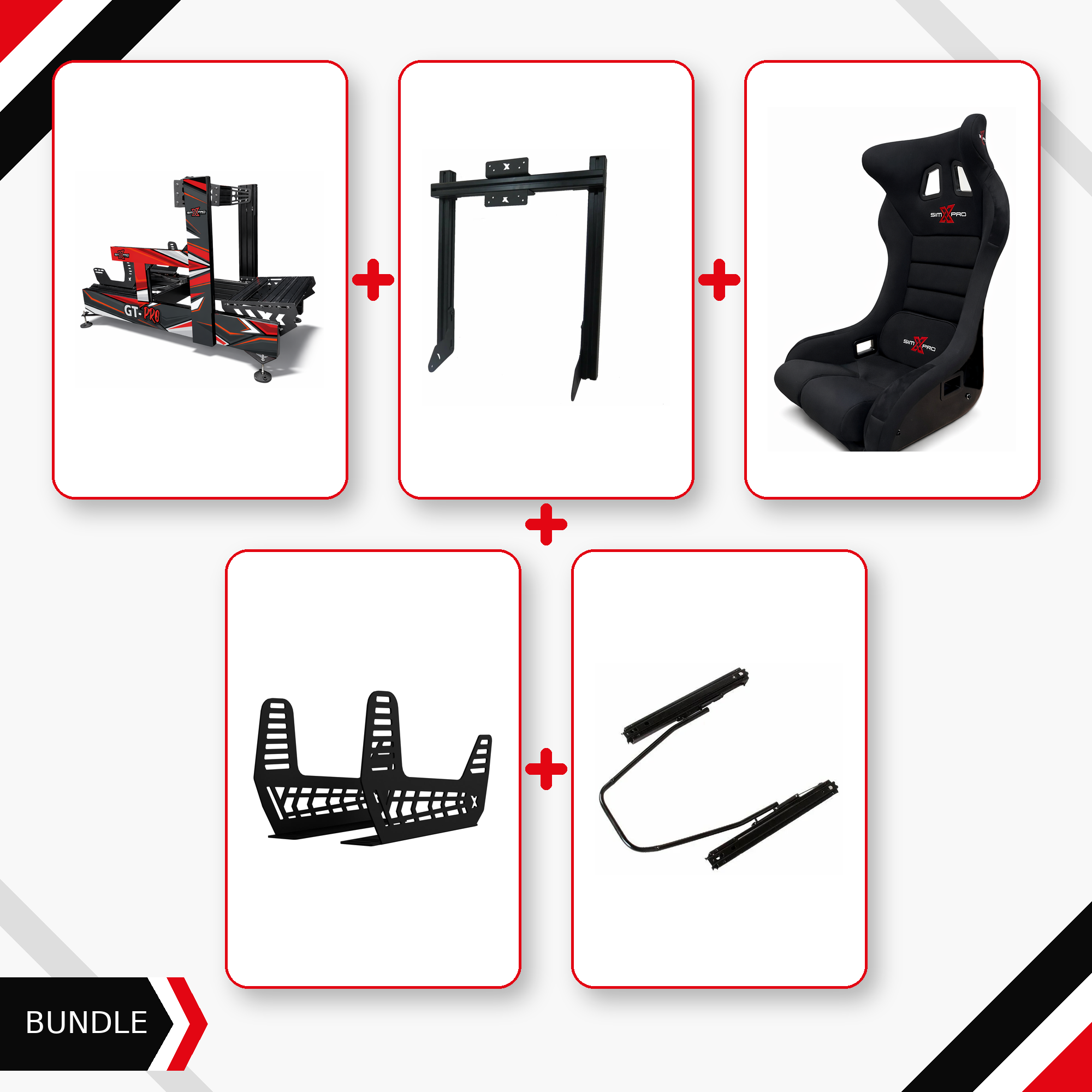 Black SimXPro GT-PRO cockpit, integrated monitor mount, GTR seat, seat mounts and slider bundle