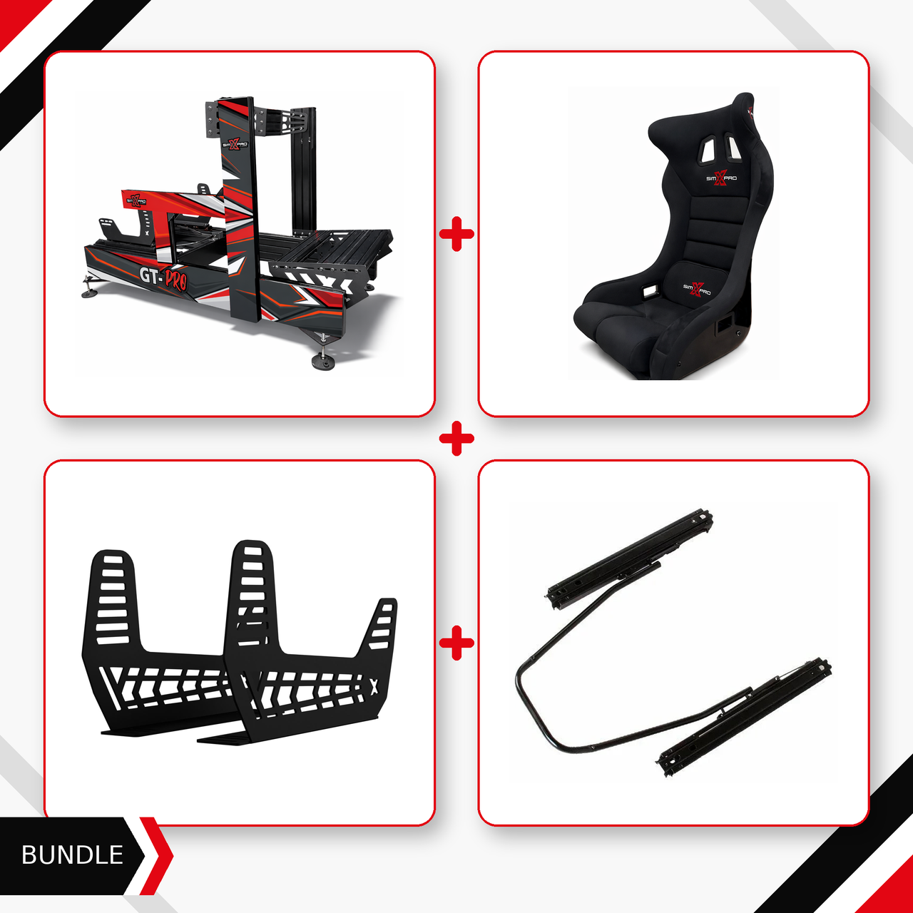 Black SimXPro GT-PRO cockpit, GTR seat, seat mounts and slider bundle