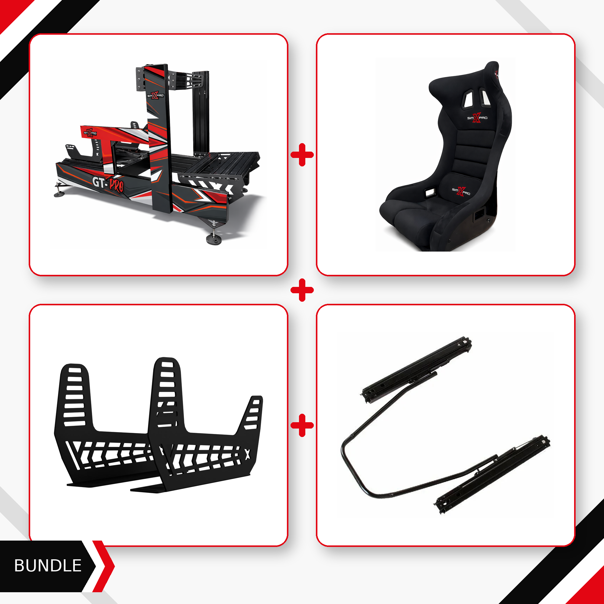 Black SimXPro GT-PRO cockpit, GTR seat, seat mounts and slider bundle