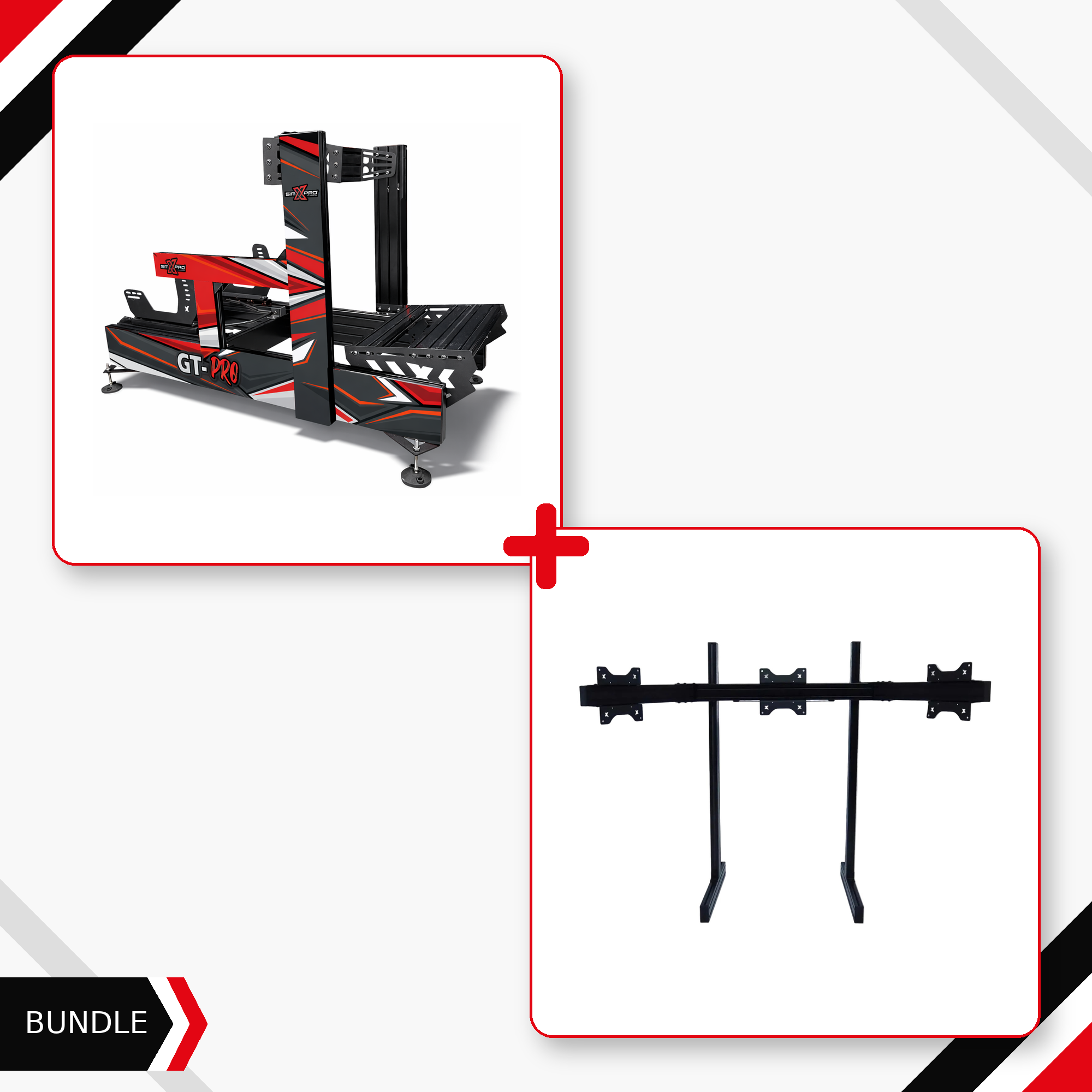 Black SimXPro GT-PRO cockpit and heavy triple monitor stand bundle