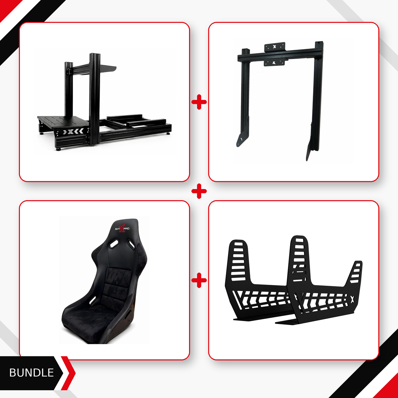 SimXPro X80 cockpit, integrated monitor mount, GT seat and seat mounts bundle