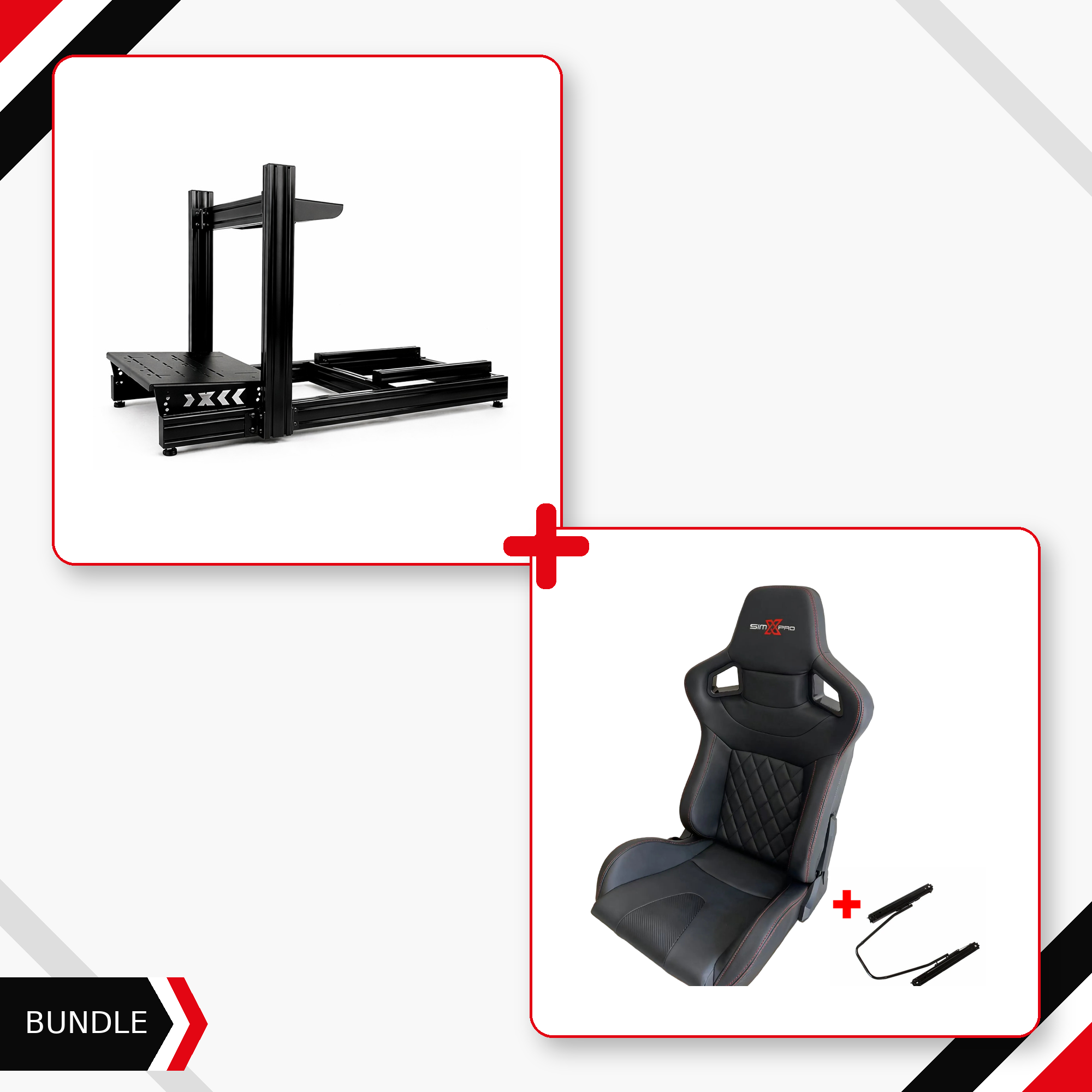 Black SimXPro X80 cockpit and XL GT seat with included slider bundle