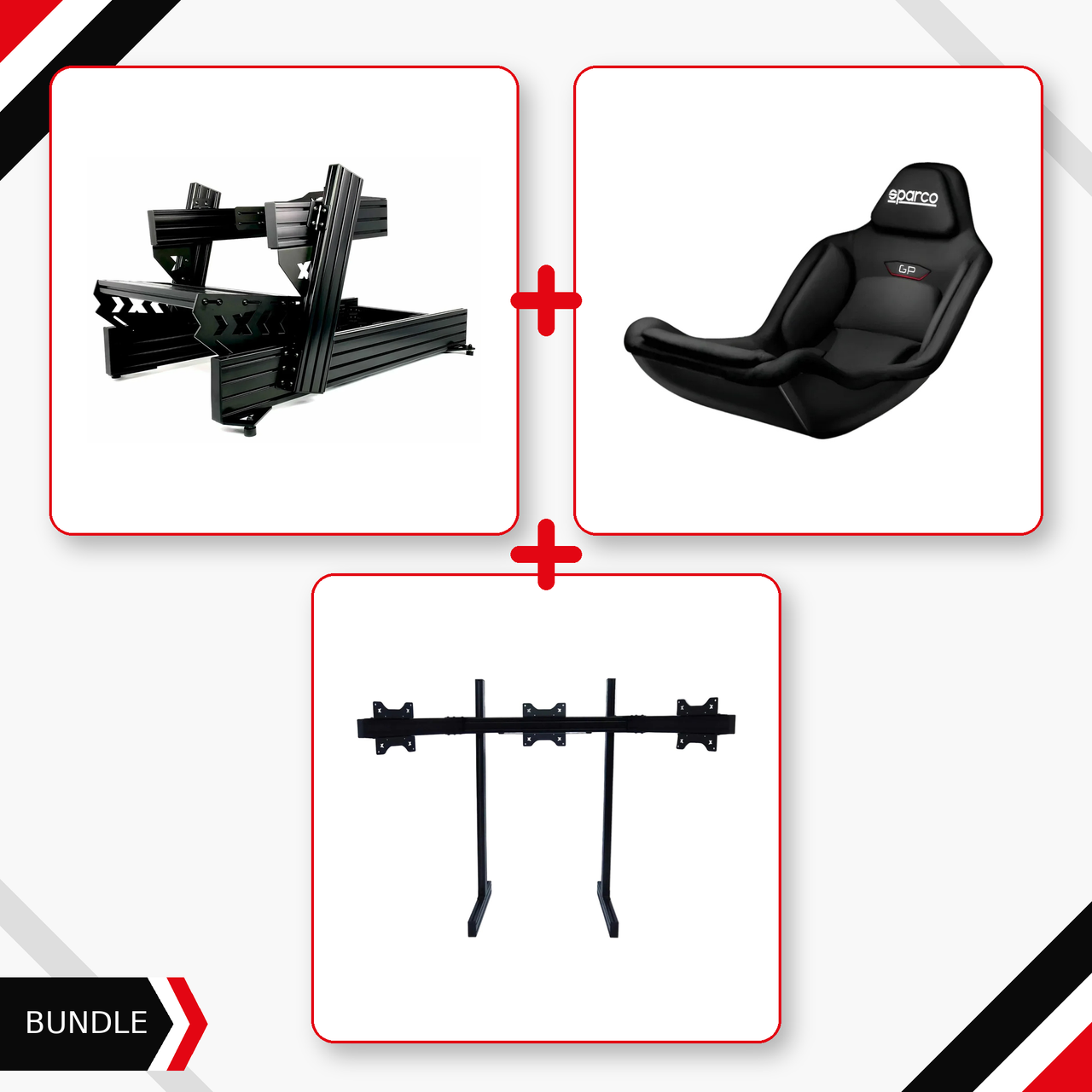 SimXPro XFR cockpit, Sparco GP seat and heavy triple monitor stand bundle