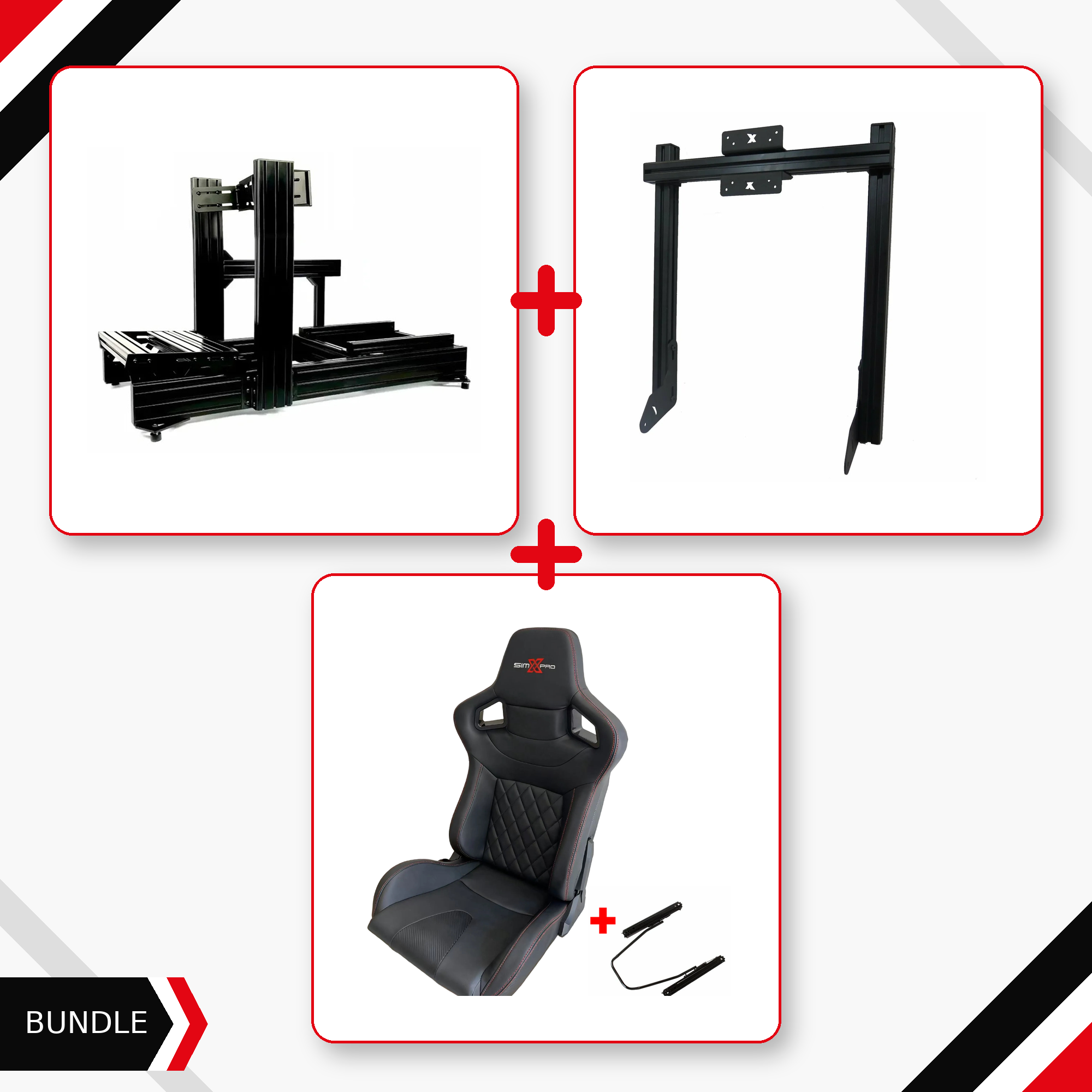 SimXPro XT120 cockpit, black integrated monitor mount and XL GT seat bundle